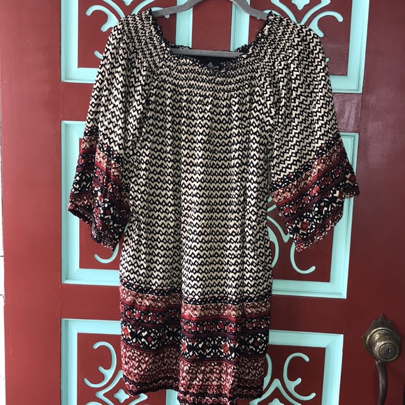 Patterned Peasant style Mini Dress w/ Bell sleeves. Size M - Picture 2 of 7